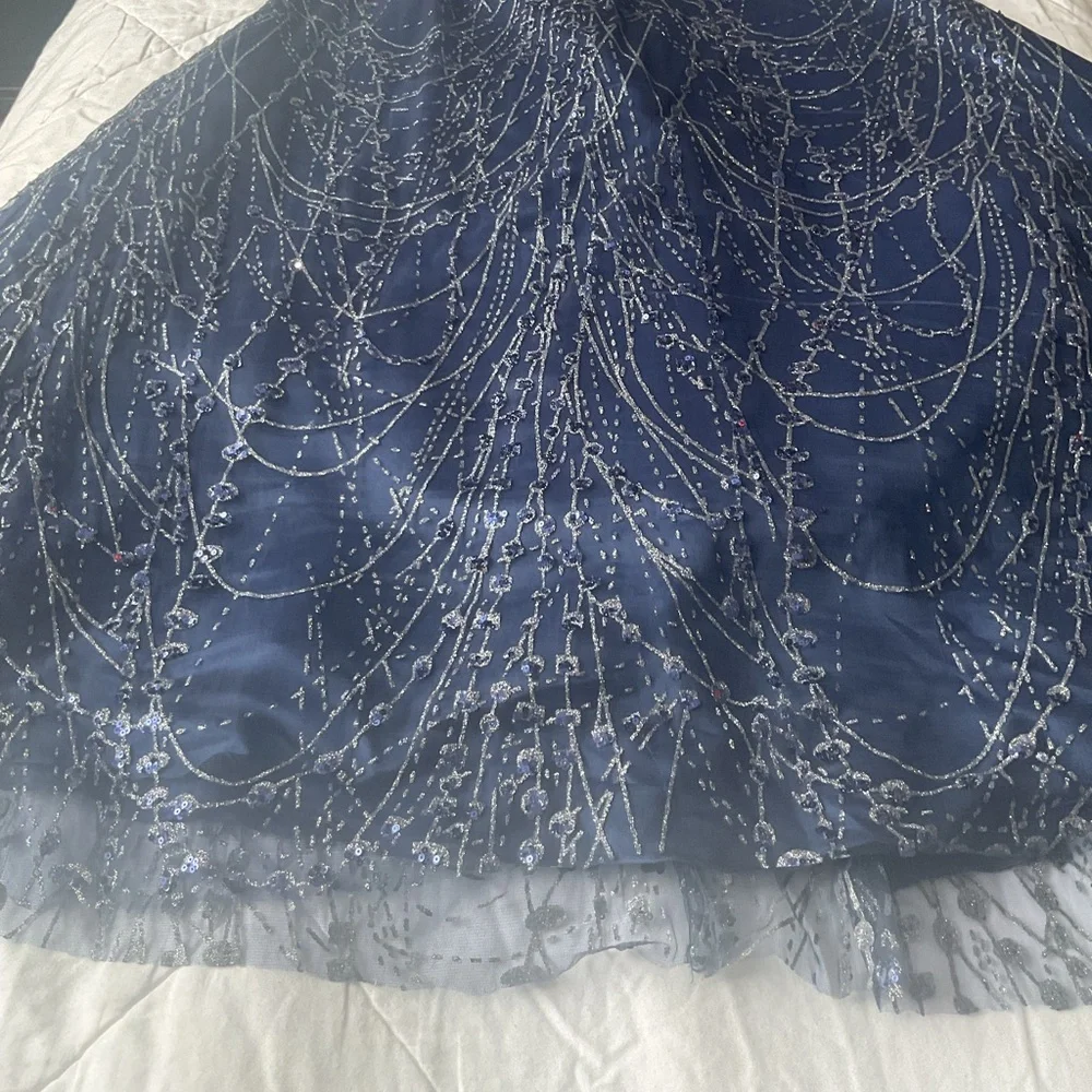 Full Length Navy Glitter Tulle and Satin Gown - Picture 5 of 15